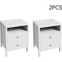 Living and Home 2Pcs Bedside Tables with Charging Station & Drawers in White