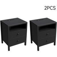 Living and Home 2Pcs Bedside Tables with Charging Station & Drawers in Black