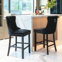 HomeTouch Set of 6 Velvet Bar Stools Kitchen Breakfast Barstools with Wooden Legs in Black | Size: 6 Pack