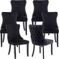 HomeTouch Sierra Set of 6 Lux Dining Chairs Velvet Tufted Wing Back Kitchen Chairs with Oak Wood Legs in Black | Size: 6 Pack