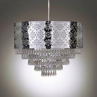 K LIVING Emily Easy Fit Chrome Cutout Pendant Shade with Acrylic Clear Beaded Tiered Chandelier in Metallic Silver