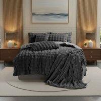 Snug City Rabbit Faux Fur Teddy Duvet Cover Set Ultra Soft Plush Bedding in Grey | Size: King