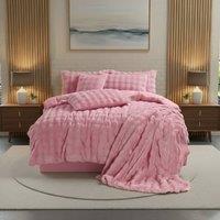 Snug City Rabbit Faux Fur Teddy Duvet Cover Set Ultra Soft Plush Bedding in Pink | Size: King