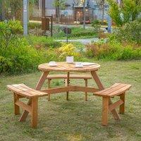 OUTSUNNY Garden Round Table Chair Benches Wooden 6 Seater Patio Umbrella Hole, Brown in Natural