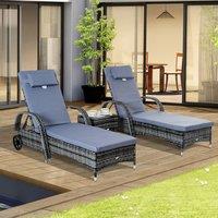 OUTSUNNY 3 PCS Rattan Lounger Recliner Bed Garden Furniture Set Side Table in Grey