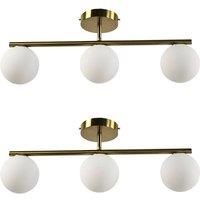 First Choice Lighting Set of 2 Grosvenor - Satin Brass 3 Light Bars with Glass Globes in Gold
