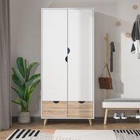 HOMCOM 2 Door Clothes Wardrobe Rail Shelf 2 Drawers Wood Feet Home Storage in White