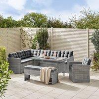 FurnitureboxUK Marbella Textured Grey Rattan Garden Dining Set Grey Cushions 9 Seat Outdoor Sofa, Glass Table Top 145x80cm | Size: 145x80 cm