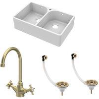 Balterley Fireclay 2 Bowl Full Weir Butler Sink Wastes Tap Brushed Brass 795mm in White
