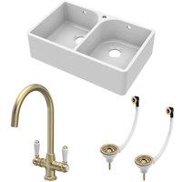 Balterley Fireclay 2 Bowl Full Weir Butler Sink Wastes Tap Brushed Brass 795mm in White
