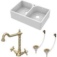 Balterley Fireclay 2 Bowl Full Weir Butler Sink Wastes Tap Brushed Brass 795mm in White