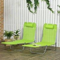 OUTSUNNY 2 Piece Folding Sun Loungers with Adjustable Backrest & Pillow, Green