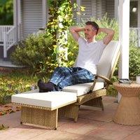 OUTSUNNY Rattan Recliner Chair w/ Cushion, Foldable Garden Recliner Chair w/ Footrest in Beige
