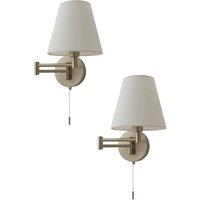 ValueLights Sonia Pair of Adjustable Swing Arm Wall Lights with Taper Linen Shades in Metallic Silver