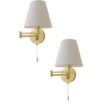 ValueLights Sonia Pair of Adjustable Swing Arm Wall Lights with Taper Linen Shades in Gold