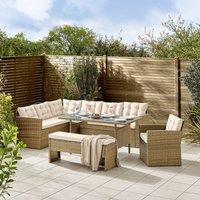 FurnitureboxUK Marbella Textured Grey Rattan Garden Dining Set Grey Cushions 9 Seat Outdoor Sofa, Glass Table Top 145x80cm in Beige | Size: 145x80 cm