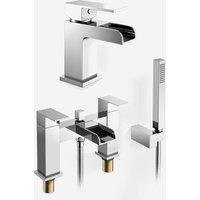 Nes Home Waterfall Basin Mono Tap, Bath Shower Mixer Tap & Waste Chrome in Metallic Silver