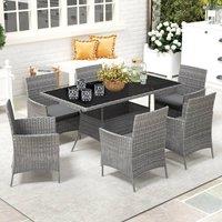 OUTSUNNY Rattan Dining Set for 6 with Cushions, Glass Top Table in Dark Grey