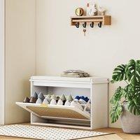 HOMCOM Boho Shoe Bench with Padded Seat & Flip-Drawer in White