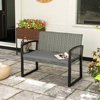 OUTSUNNY 2 Seater Rattan Garden Bench with Cushion, Steel Frame, Light Grey