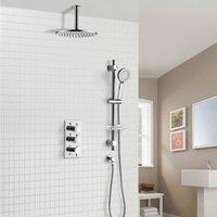 Nes Home Calla Round Concealed Thermostatic Shower Valve Mixer Ceiling Head & Adjustable Slider Rail Handset Set in Silver
