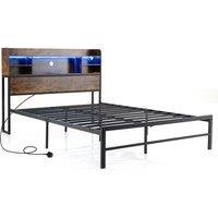 Costway Double Size Bed Frame w/LED Lights&Charging Station Metal Platform Bed in Brown