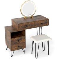 Gymax Dressing Table & Stool Set Makeup Vanity Desk with Mirror & Lights in Brown