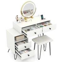 Gymax Dressing Table & Stool Set Makeup Vanity Desk with Mirror & Lights in White