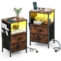 Gymax 2 Pack Nightstand End Table With Charging Station LED lights 2 Drawers in Brown