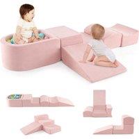 Costway 5-Piece Climb & Crawl Playset Soft Climbing Blocks with Ball Pit in Pink