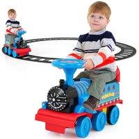 Gymax Electric Ride On Train With 16 PCS Tracks Lights & Sounds Storage Seat in Blue