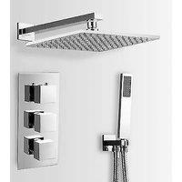 Nes Home Lilly Chrome 3 Dial 2 Way Square Concealed Thermostatic Mixer Valve Handset & Square Shower Head in Silver