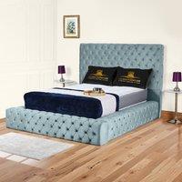 UK Bed Furniture Ambassador Ottoman Gas Lift Upholstered Bed with 54 Inch Headboard in Light Blue | Size: Super King