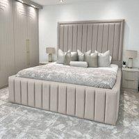 UK Bed Furniture Hampton Gas Lift Ottoman Storage Bed with 54 Inch Panel Headboard in Light Beige | Size: Double