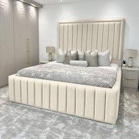 UK Bed Furniture Hampton Gas Lift Ottoman Storage Bed with 54 Inch Panel Headboard in Cream | Size: King