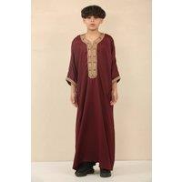 Thobez Boy's Moroccan Thobe Short Sleeve Gandoura Embroidery Kaftan Eid Ramadan in Maroon | Size: 8-9 Years