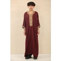 Thobez Boy's Moroccan Thobe Short Sleeve Gandoura Embroidery Kaftan Eid Ramadan in Maroon | Size: 9-10 Years