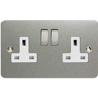 Varilight Ultra Flat Plate Brushed Chrome Metal & White Inserts 2-Gang 13Amp in Grey