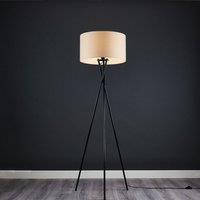 ValueLights Camden Black Metal Tripod Floor Lamp with Natural Drum Lamp Shade in Beige
