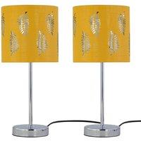 First Choice Lighting Set of 2 Chrome Touch Table Lamps with Ochre Mustard Fern Shades in Silver