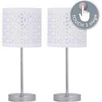 First Choice Lighting Set of 2 Chrome Touch Operated Table Lamps with White Cut Out Shades in Silver