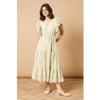 Oasis Women's Broderie V Neck Angel Sleeve Maxi Dress in Sage | Size: 10