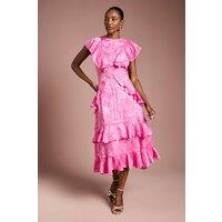 Coast Women's Satin Jacquard Ruffle Detail Midi Dress in Pink | Size: 12