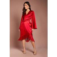 Coast Women's Satin Fringe Hem Wrap Waist Midi Dress in Red | Size: 10