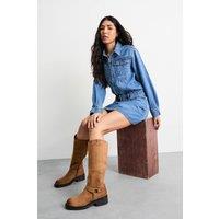 Faith Women's : Bia Faux Suede Knee High Biker Boots in Tan | Size: 6