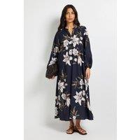 Wallis Women's Floral Collarless Midaxi Dress in Navy | Size: 16