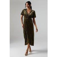 Debut London Women's By Coast Puff Sleeve Wrap Skirt Devore Midi Dress in Olive | Size: 8