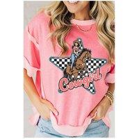 Everyday The Label Women's Peach Blossom Cowgirl Checkered Star Shape Print Exposed Seam T-Shirt in Pink | Size: Medium