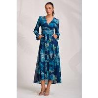 Jolie Moi Women's Long Sleeve V Neck Mesh Maxi Dress in Blue | Size: 20