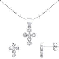 Jewelco London Women's Sterling Silver CZ Cross Earrings & Pendant Set